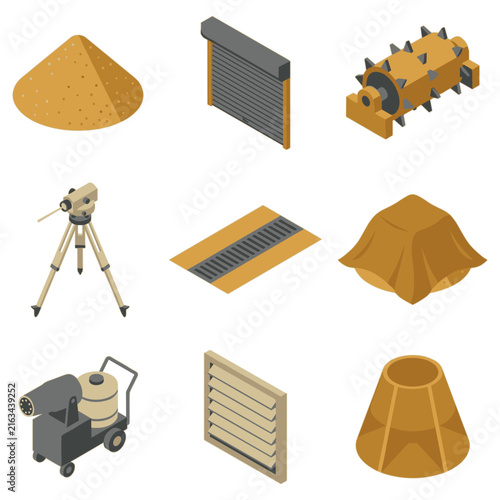 Industrial machinery and construction equipment isometric icon set