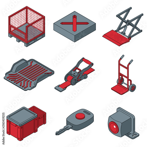 Industrial equipment icon set with various tools and machinery