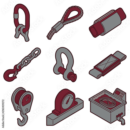 Industrial lifting and rigging equipment icon set