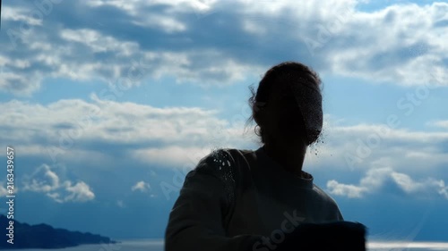 Silhouette of a woman washing a window. Silhouette of a housewife washing a large window with a spray bottle and cloth, diligently performing household chores against a beautiful seascape background