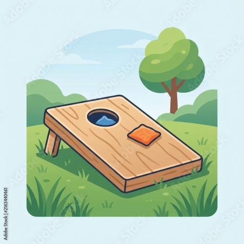 Wooden cornhole game board on green grass in a sunny park
