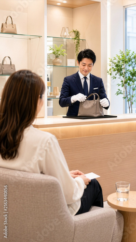Plakat 査定中のバッグを扱う買取店スタッフ、順番を待つお客様