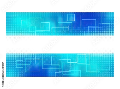 Abstract blue technology banner background with geometric square shapes and halftone pattern