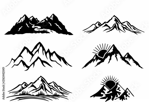 set of mountain landscape line illustrations with peaks and scenic terrain