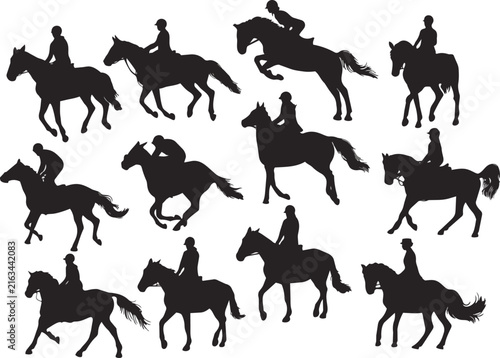 collection of horse and rider silhouettes showing equestrian movement and poses