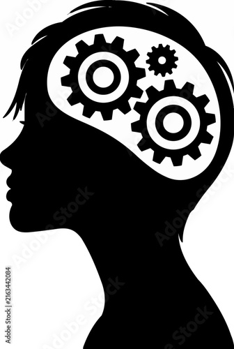 human head profile with gears representing mechanical thinking and engineering