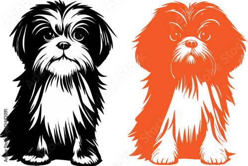 two shaggy dog illustrations in black and orange standing side by side