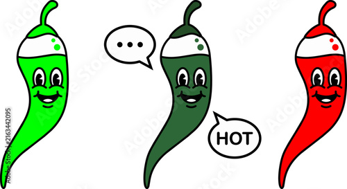 three colorful chili pepper characters with speech bubbles and expressive faces