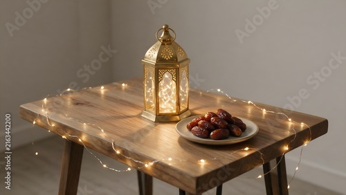 Modern Minimalist Ramadan Table Setup with Glowing Brass Lantern Fairy Lights and Fresh Dates on Ceramic Plate in Cozy Interior
