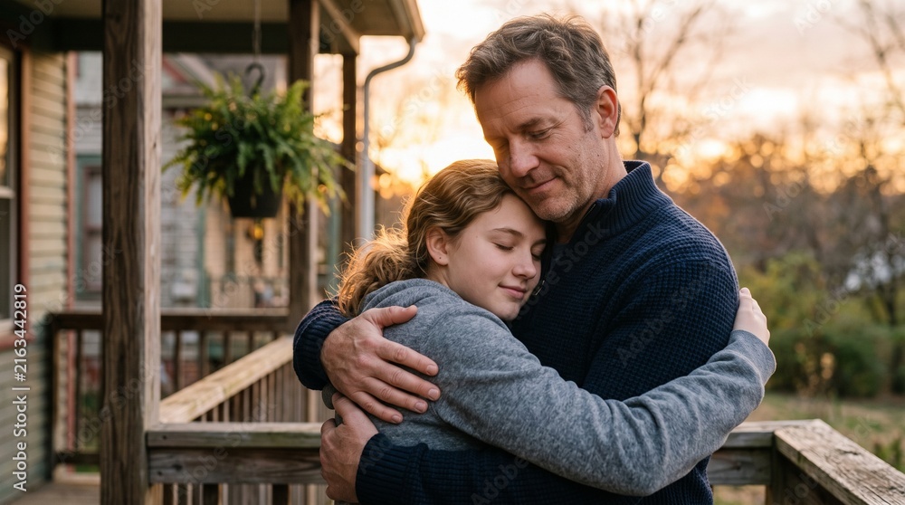 Fototapeta premium Father and Daughter Embrace on Porch at Sunset Warm Affectionate Moment