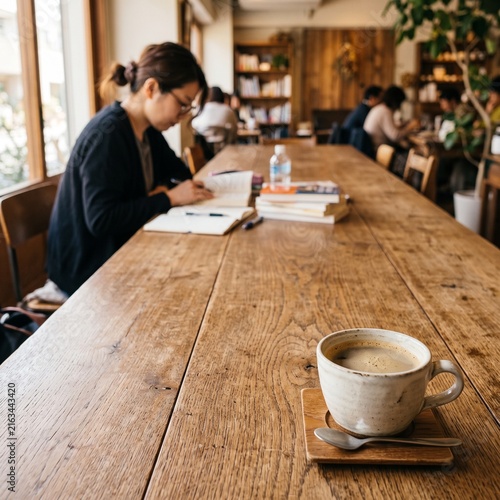 日本のカフェで資格試験の勉強をする社会人とコーヒー
