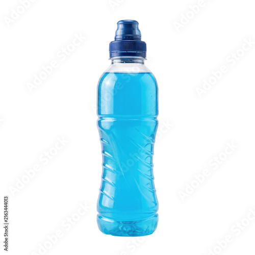 Cuadro en lienzo Blue sports drink in a clear plastic bottle with a blue cap isolated