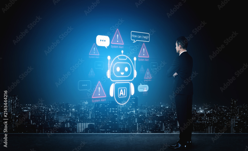 Obraz premium Chatbot AI helping under system alert condition with error warnings and communication risk signals. Corpus