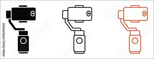 Camera gimbal stabilizer icons collection, video stabilization equipment, smartphone gimbal, professional filmmaking, mobile video production, phone filming, camera support, minimalist flat vector.