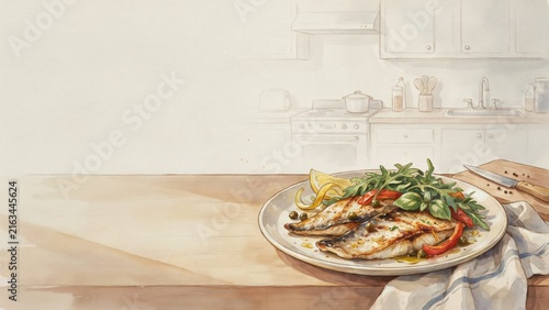 A national dish of Italian cuisine. 
Insalata con orata — a dish made of grilled pieces of fish, juicy roasted peppers, and spicy arugula, dressed with olive oil. Photo with space for text. 