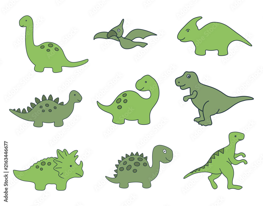 Fototapeta premium Dinosaurs Set. Nine different Dinosaurs isolated on White background. Vector illustration in Green 