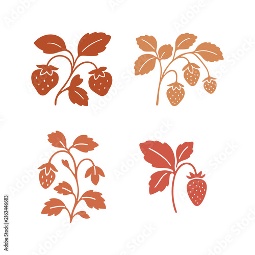 Zestaw minimalistycznych ilustracji truskawek w stylu folk – botaniczny motyw do projektów letnich, opakowań i papeterii