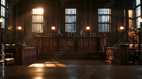 Empty Classic Courtroom Interior with Judge Bench and Sunlight