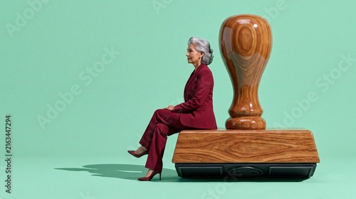 Businesswoman Sitting on Giant Stamp Illustrating Corporate Approval