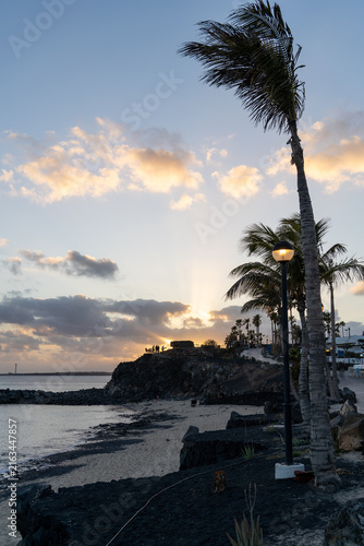 A scenic sunset over Lanzarote, featuring palm trees swaying in the wind and a coastal view with dark volcanic sand and rocks.