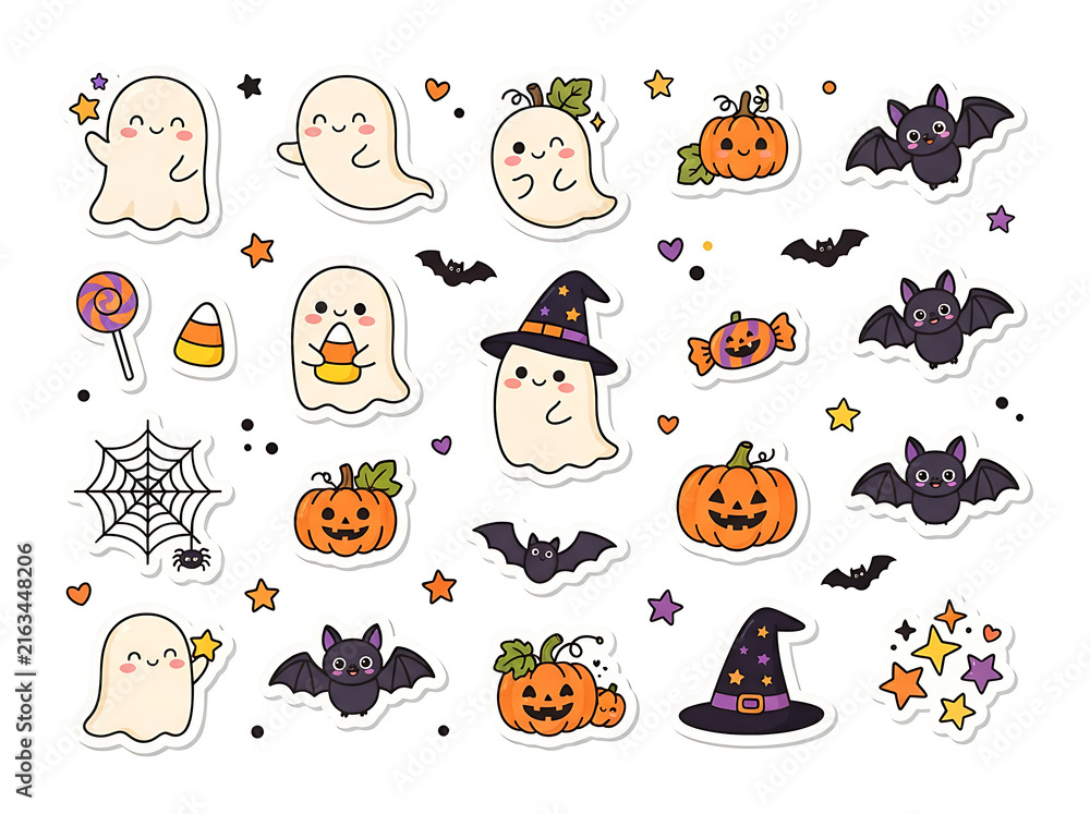 Fototapeta premium Cute halloween stickers collection with ghosts pumpkins bats and candies on white background