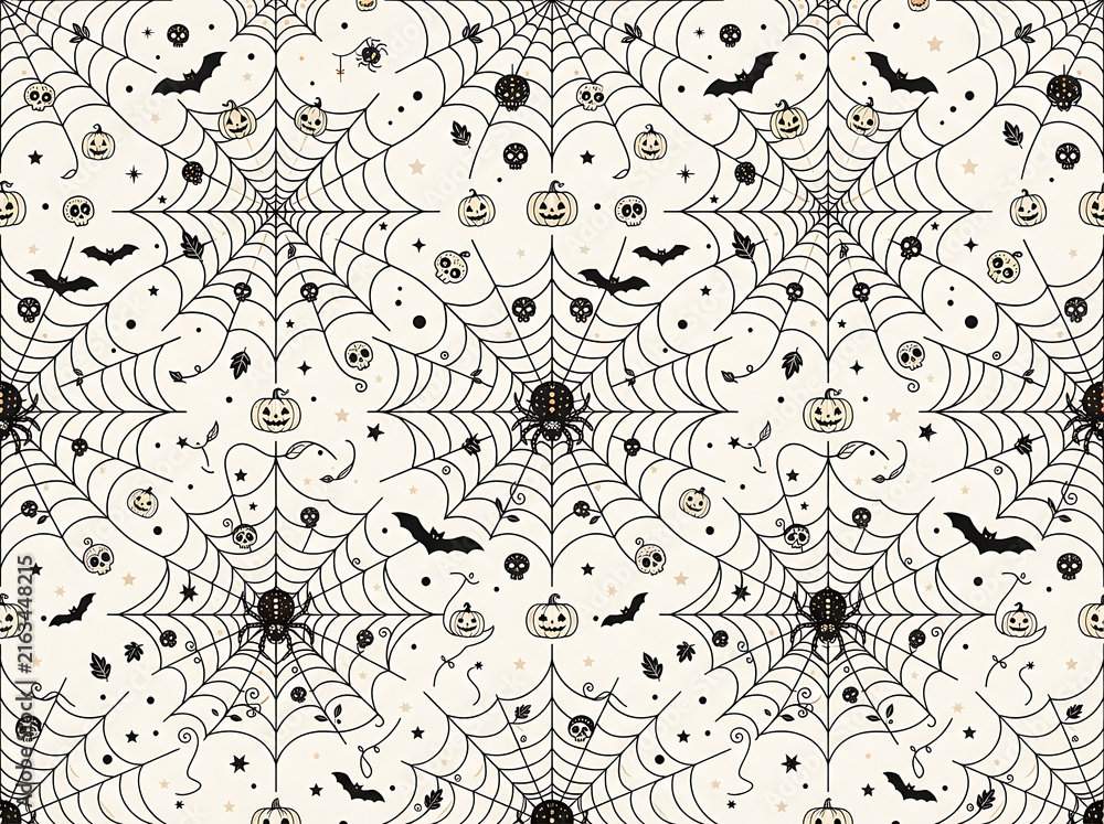 Halloween pattern with spiderwebs pumpkins bats and skulls seamless vector illustration