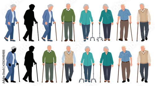Set of vector collection featuring different elderly men and women using walking canes, walking carefully, standing with support, maintaining balance, wearing comfortable senior clothing