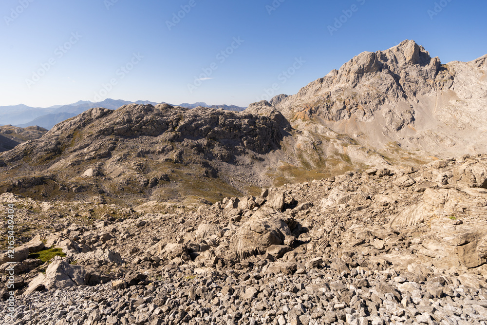 Naklejka premium Rocks, cliffs and mountain peaks - mountainous natural area on border of Cantabria with Castile and Leon, northern Spain..