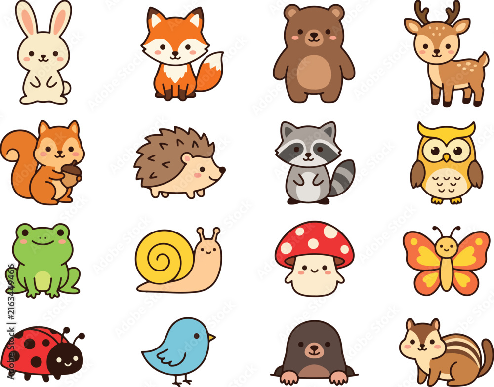 Obraz premium Cute Woodland Forest Animals Insects and Wildlife Vector Sticker Set