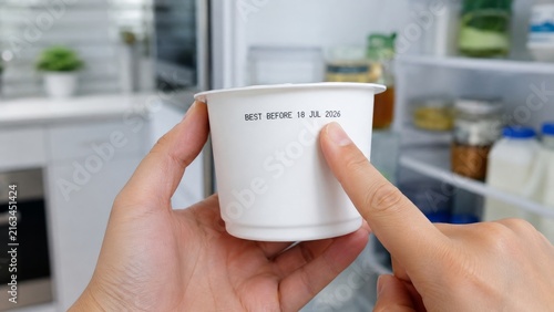Person checking expiration date on food container in refrigerator, consumer awareness, product safety, prevention of health risks, expired food concept