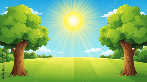 Sunny Cartoon Landscape Illustration with Lush Green Trees and Bright Sun in Blue Sky