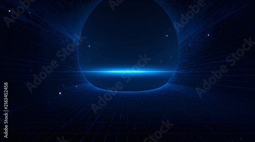 Abstract Futuristic Blue Sci-Fi Tunnel Background with Glowing Light Horizon and Tech Grid