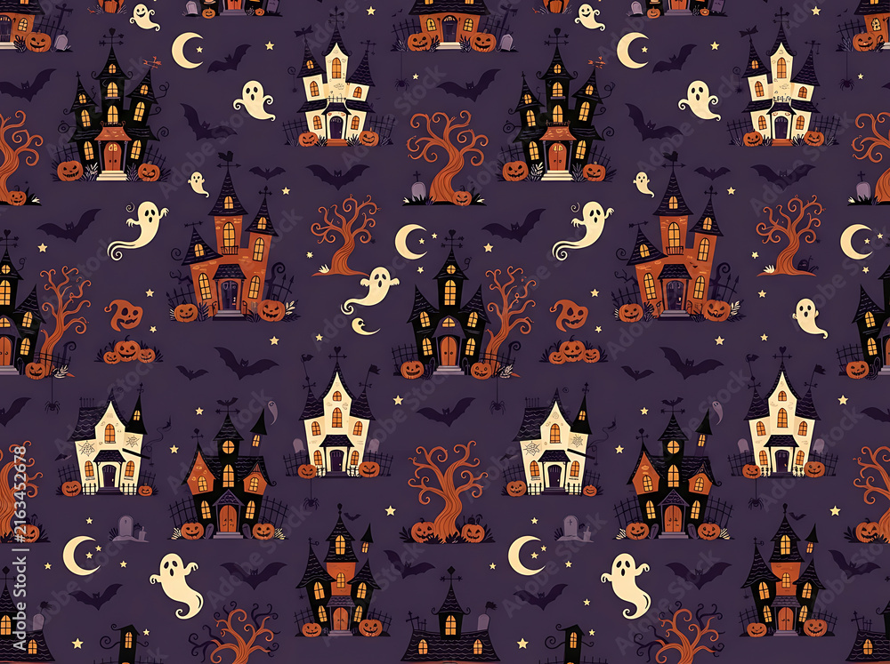Spooky halloween pattern with haunted houses ghosts pumpkins and crescent moons on purple background