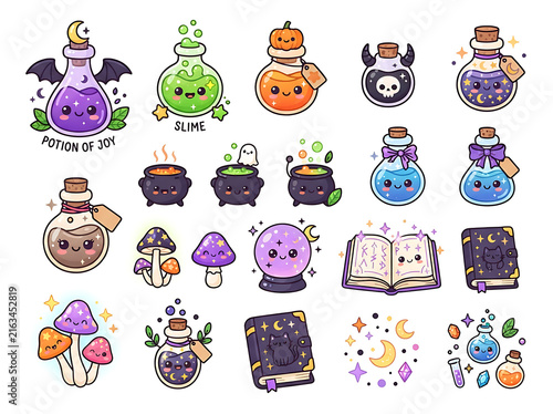 Cute halloween potion bottles mushrooms and spell books vector illustration set on white background
