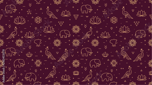 Seamless gold line india mandala icons pattern on dark background