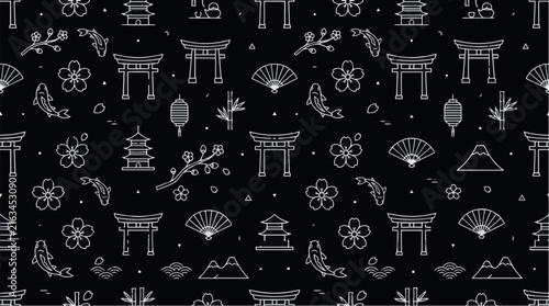 Seamless gold line traditional japan icons pattern on dark background