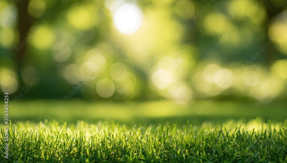 Fototapeta premium Lush green grass bathed in golden sunlight, with soft bokeh trees in background