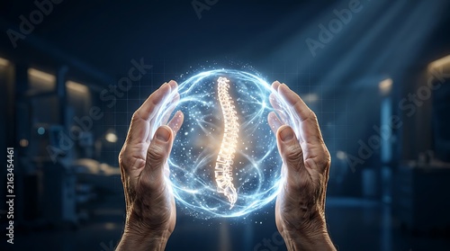 Elderly hands holding glowing spine hologram for osteoporosis care