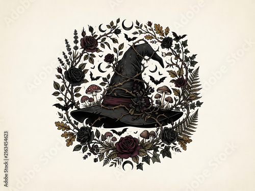 Vintage witch hat illustration with floral wreath and botanical elements in a dark aesthetic