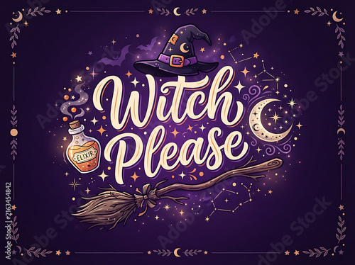 Vintage halloween illustration with witch hat broom potion and lettering on purple background