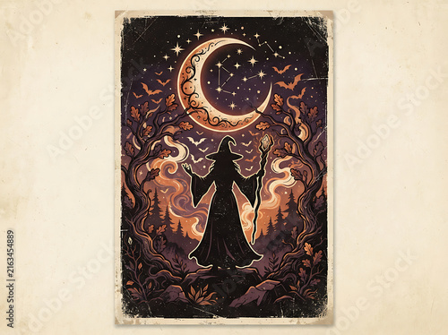 Mystical wizard silhouette casting a spell under a crescent moon and starry night sky illustration