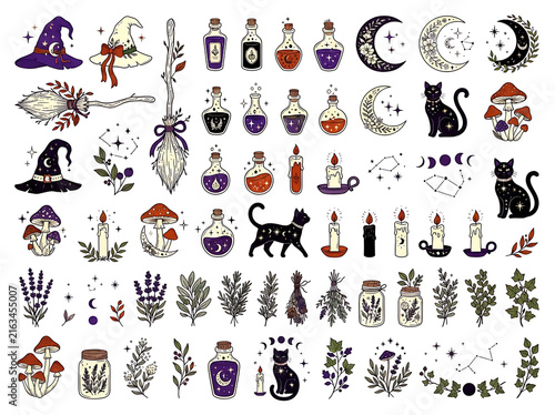 Collection of whimsical witchcraft illustrations with potions hats and celestial elements on a white background