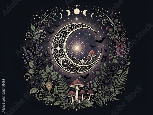 Intricate crescent moon illustration with floral and celestial elements in a dark aesthetic