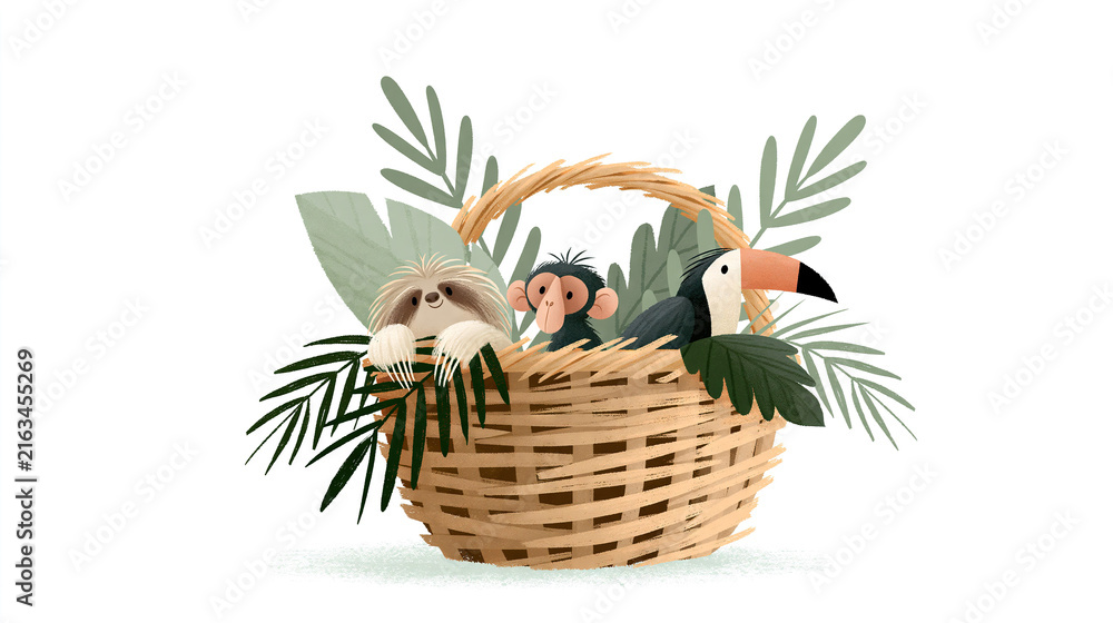 Naklejka premium Whimsical animals in a woven basket surrounded by greenery