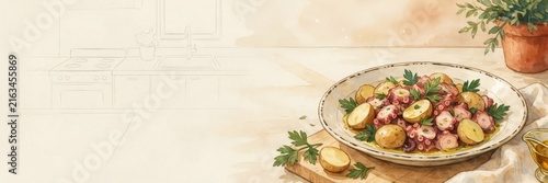 A national dish of Italian cuisine. 
IInsalata di polpo e patate — a dish made from boiled octopus and potatoes, seasoned with olive oil, lemon juice, garlic, and parsley. A banner with space for text