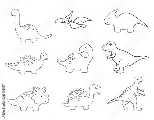 Dinosaurs Set. Nine different Dinosaurs isolated on White background. Vector illustration in Black White. 