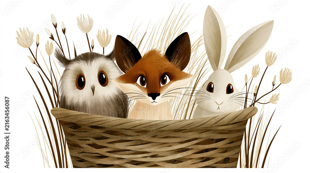Naklejka premium Whiskered Cat, Fox, and Rabbit Peeking from Wicker Basket
