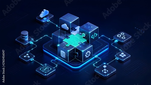 Fototapeta kuchenna 3D glowing puzzle cube with a missing piece highlighting API integration cloud software development and modular system architecture.