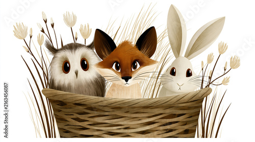 Whiskered Cat, Fox, and Rabbit Peeking from Wicker Basket