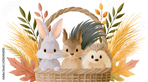 Whimsical Rabbits and Small Animals in a Wicker Basket with Autumn Leaves